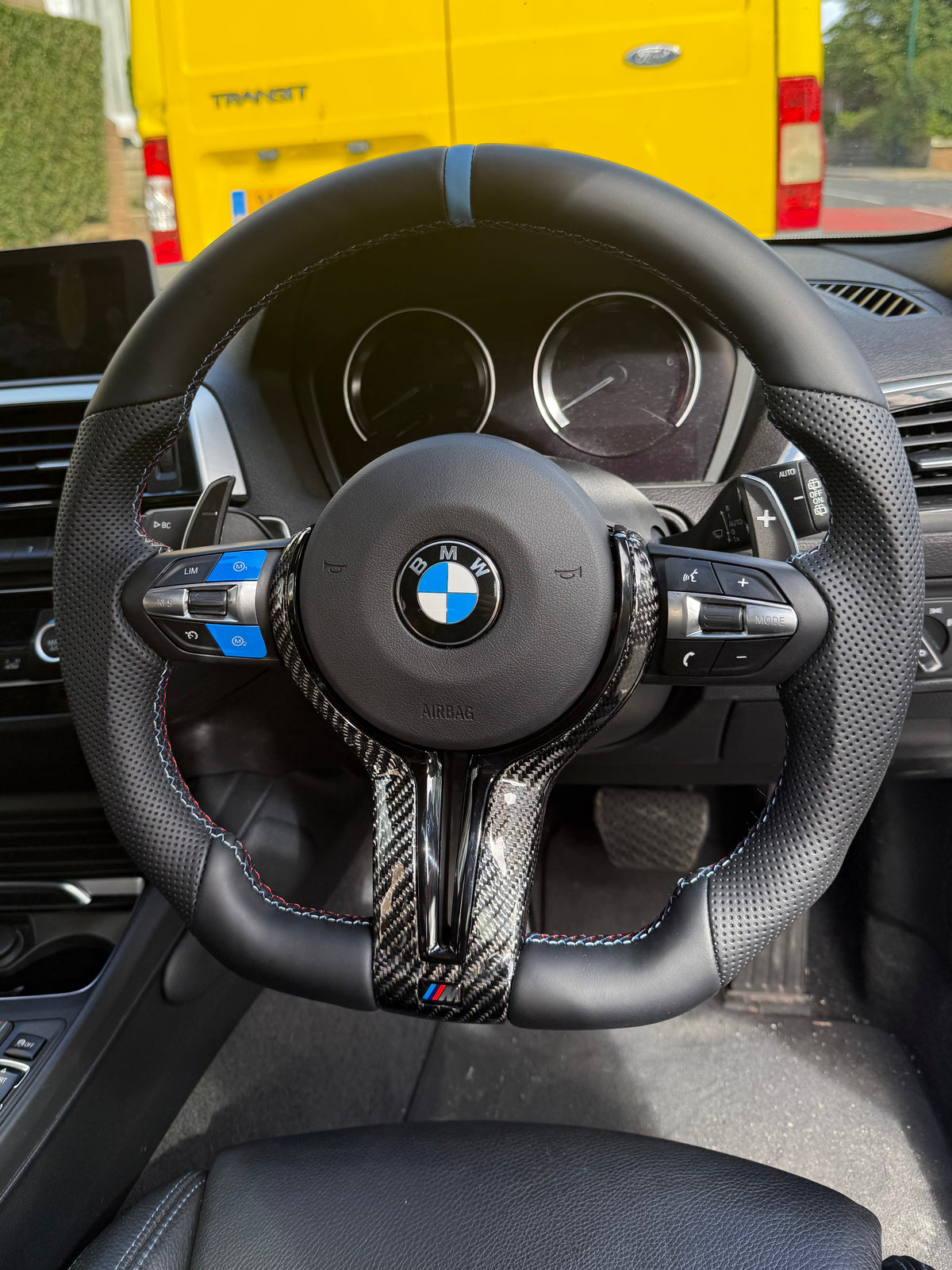 BMW Carbon Fibre Flat Bottom Steering Wheel — Blue M Stripe & Buttons