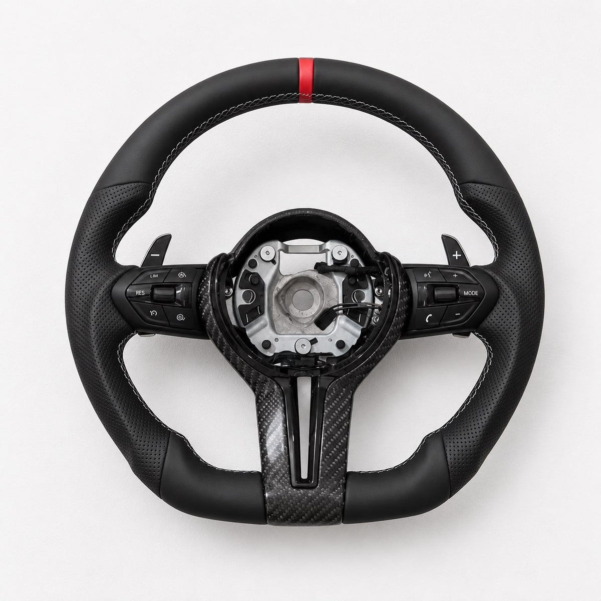 BMW Carbon Fibre Flat Bottom Steering Wheel — Red M Stripe & Buttons