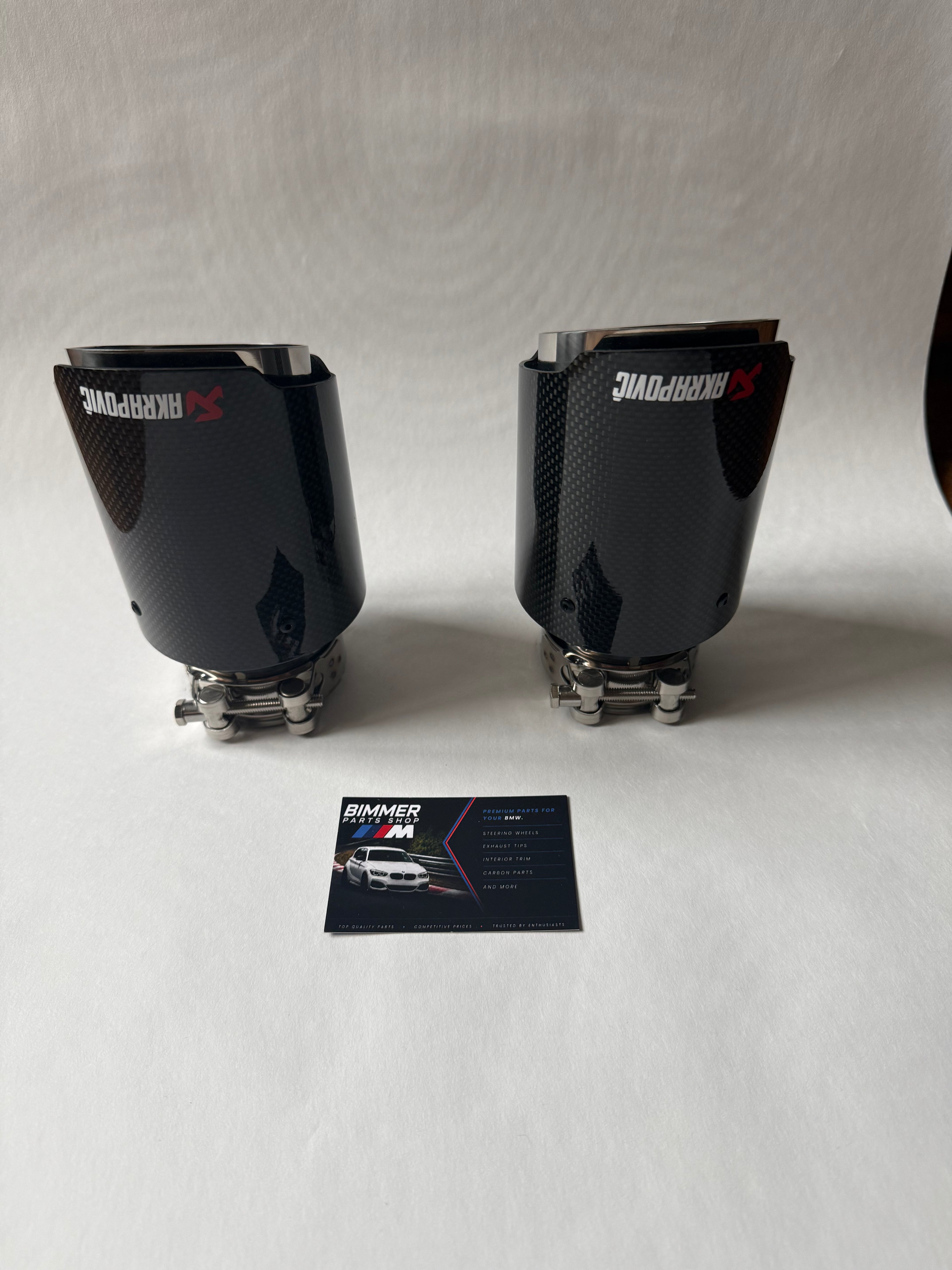 2 SILVER & BLACK CARBON FIBRE AKRAPOVIC EXHAUST TIPS 3.5”STAINLESS