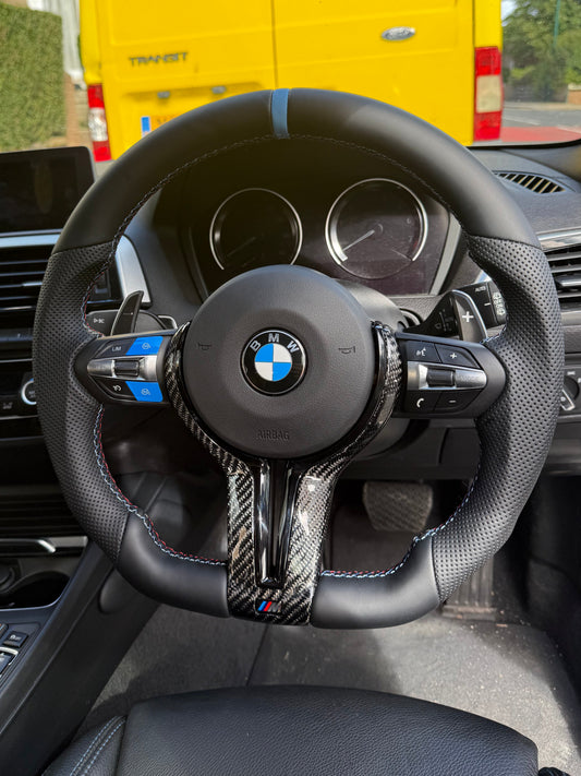 BMW Carbon Fibre Flat Bottom Steering Wheel — Blue M Stripe & Buttons