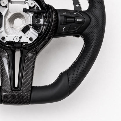 BMW Carbon Fibre Flat Bottom Steering Wheel — Red M Stripe & Buttons