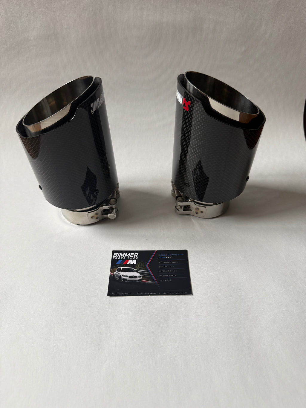 2 SILVER & BLACK CARBON FIBRE AKRAPOVIC EXHAUST TIPS 3.5”STAINLESS