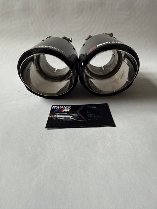 2 SILVER & BLACK CARBON FIBRE AKRAPOVIC EXHAUST TIPS 3.5”STAINLESS